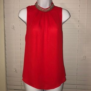 Bright red blouse w/ bejeweled neck line Sz Medium
